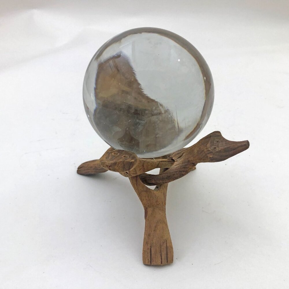 Clear Crystal Glass Ball 3 inch w/Snake Head Carved Stand Vintage - Picture 4 of 8